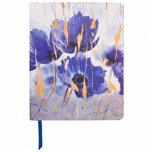 Тетрадь А5 (168х208 мм), 80 л., сшивка, клетка, под кожу, BRAUBERG VISTA, Blue flowers, 403920