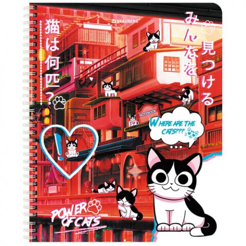 Тетрадь А5 80 л. BRAUBERG, гребень, клетка, обложка картон, Anime Cats (микс в спайке), 404415