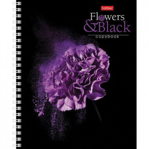 Тетрадь А5, 96 л., HATBER, гребень, клетка, обложка картон, FlowerOnblack (4 вида в спайке), 96Т5В1гр