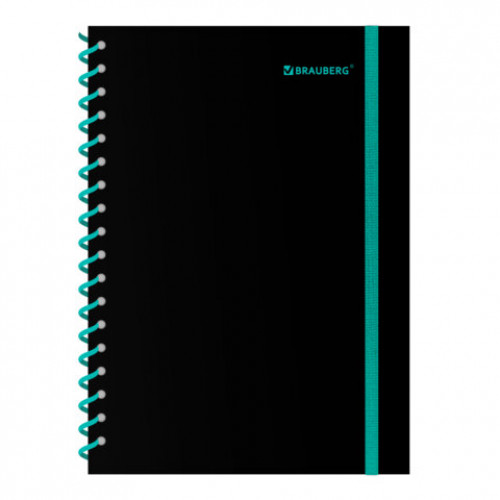 Тетрадь обложка пластик, А5 80 л., спираль пластик, резинка, клетка, BRAUBERG, черный/синий, 405385