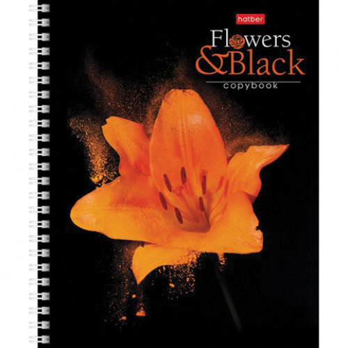 Тетрадь А5, 96 л., HATBER, гребень, клетка, обложка картон, FlowerOnblack (4 вида в спайке), 96Т5В1гр