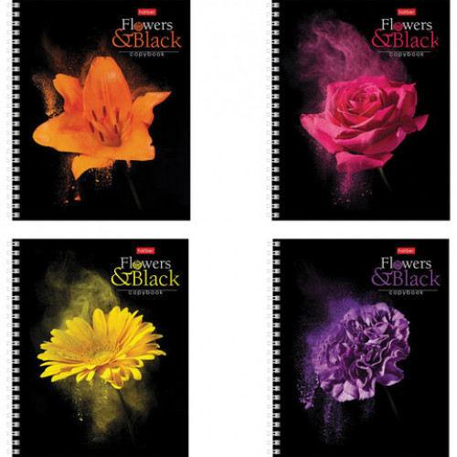 Тетрадь А5, 96 л., HATBER, гребень, клетка, обложка картон, FlowerOnblack (4 вида в спайке), 96Т5В1гр