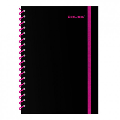 Тетрадь обложка пластик, А5 80 л., спираль пластик, резинка, клетка, BRAUBERG, черный/розовый, 405384