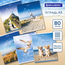 Тетрадь А5, 80 л., BRAUBERG, скоба, клетка, обложка картон, By the Sea, 404410