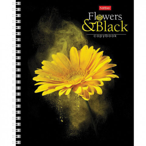 Тетрадь А5, 96 л., HATBER, гребень, клетка, обложка картон, FlowerOnblack (4 вида в спайке), 96Т5В1гр