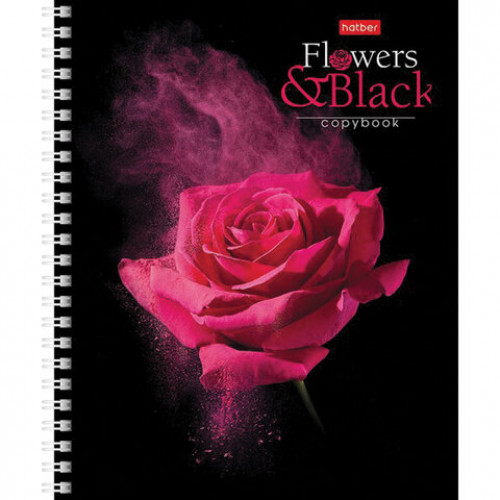 Тетрадь А5, 96 л., HATBER, гребень, клетка, обложка картон, FlowerOnblack (4 вида в спайке), 96Т5В1гр