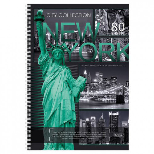 Тетрадь А4, 80 л., HATBER, спираль, клетка, выборочный лак, CITY COLLECTION (ГОРОДА) (4 вида), 80Т4вмB1сп, T51177