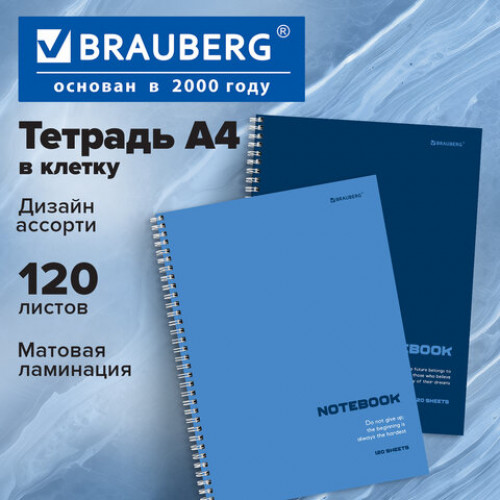 Тетрадь А4, 120 л., BRAUBERG, гребень, клетка, матовая ламинация, Классика Blue, 405643
