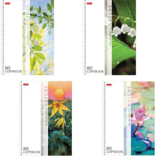 Тетрадь А4, 80 л., HATBER, гребень, клетка, выборочный лак, Nature (4 вида в спайке), 80Т4вмВ3гр