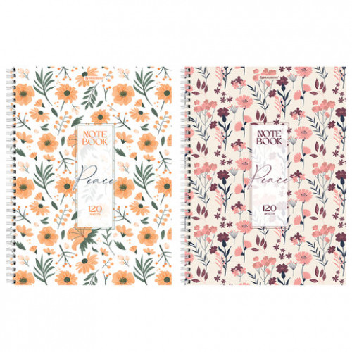 Тетрадь А4, 120 л., BRAUBERG, гребень, клетка, матовая ламинация, Цветочный паттерн, 405646