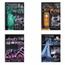 Тетрадь А4, 80 л., HATBER, спираль, клетка, выборочный лак, CITY COLLECTION (ГОРОДА) (4 вида), 80Т4вмB1сп, T51177