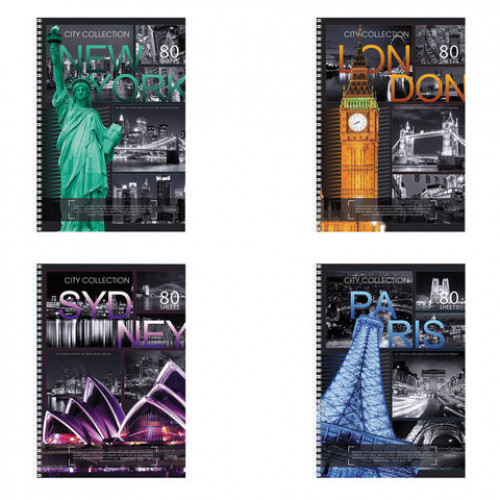 Тетрадь А4, 80 л., HATBER, спираль, клетка, выборочный лак, CITY COLLECTION (ГОРОДА) (4 вида), 80Т4вмB1сп, T51177