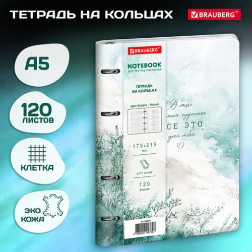 Тетрадь на кольцах А5 180х220, 120л, под кожу, фольга, резинка, BRAUBERG CLASSIC, Art of eye, 405217