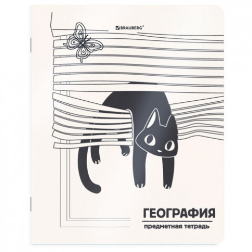 Тетрадь предметная КОТ-НЕПОСЕДА 48л, пластиковая обложка, ГЕОГРАФИЯ, клетка, подсказ, BRAUBERG, 405531