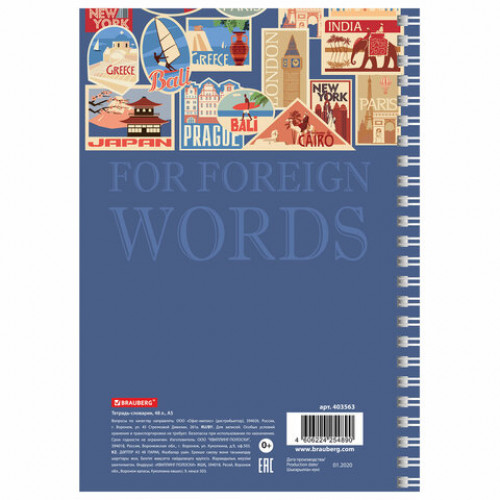 Тетрадь-словарь для записи иностранных слов А5 48 л., гребень, клетка, BRAUBERG, 403563