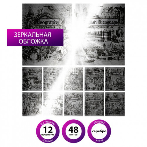 Тетради предметные, КОМПЛЕКТ 12 ПРЕДМЕТОВ, SILVER, 48 листов, с серебряной обложкой, BRAUBERG, 404034