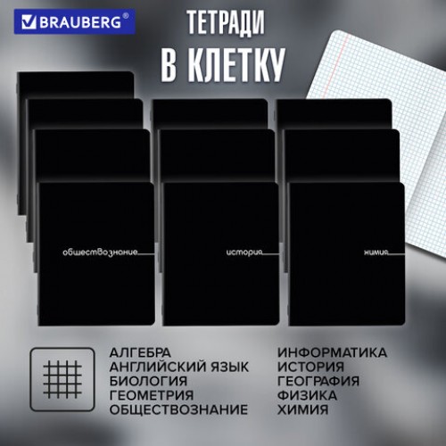 Тетради предметные, КОМПЛЕКТ 12 ПРЕДМЕТОВ, 48 л., обложка картон, BRAUBERG BLACK, 405164