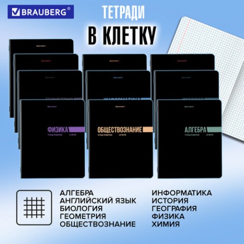 Тетради предметные, КОМПЛЕКТ 12 ПРЕДМЕТОВ, 48 л., обложка картон, BRAUBERG КЛАССИКА BLACK, 405162