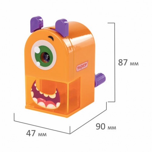 Точилка механическая ПИФАГОР Монстрик, корпус оранжевый, для чернографитных и цветных карандашей, 228477