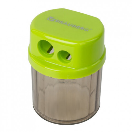 Точилка BRAUBERG Drum Dual, 2 отверстия для чернографитных карандашей (в том числе утолщенных), с контейнером, корпус ассорти, 228436