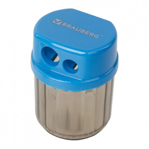 Точилка BRAUBERG Drum Dual, 2 отверстия для чернографитных карандашей (в том числе утолщенных), с контейнером, корпус ассорти, 228436