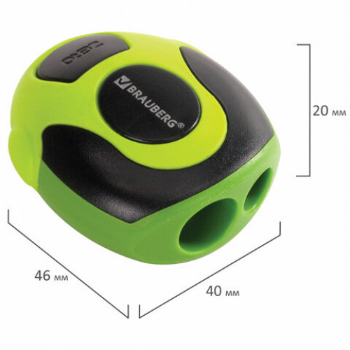 Точилка BRAUBERG Sirius, 2 отверстия для чернографитных карандашей (в том числе утолщенных), резиновый упор, с контейнером, ассорти,223590