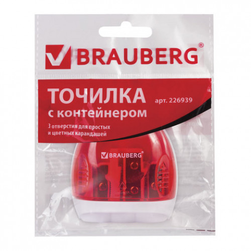 Точилка BRAUBERG TERN с контейнером, пластиковая, овальная, 3 отверстия, цвет ассорти, 226939