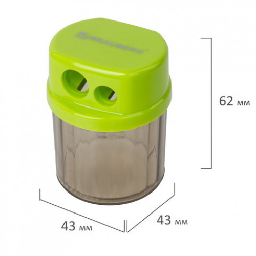 Точилка BRAUBERG Drum Dual, 2 отверстия для чернографитных карандашей (в том числе утолщенных), с контейнером, корпус ассорти, 228436