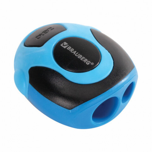 Точилка BRAUBERG Sirius, 2 отверстия для чернографитных карандашей (в том числе утолщенных), резиновый упор, с контейнером, ассорти,223590