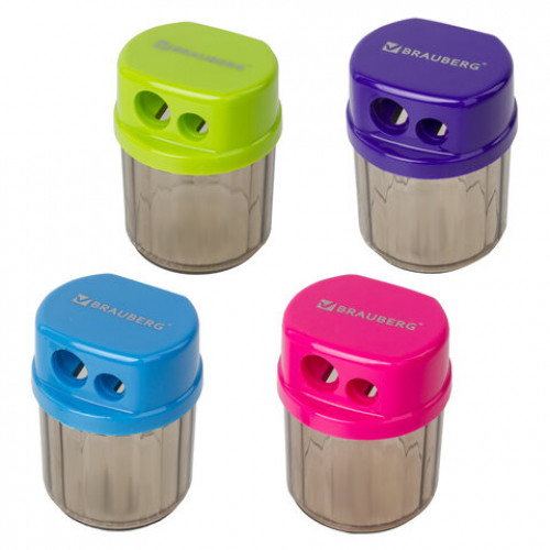 Точилка BRAUBERG Drum Dual, 2 отверстия для чернографитных карандашей (в том числе утолщенных), с контейнером, корпус ассорти, 228436