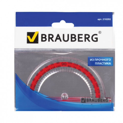 Транспортир 10 см, 180 градусов, пластиковый, BRAUBERG Crystal, прозрачный, с выделенной шкалой, подвес, 210292