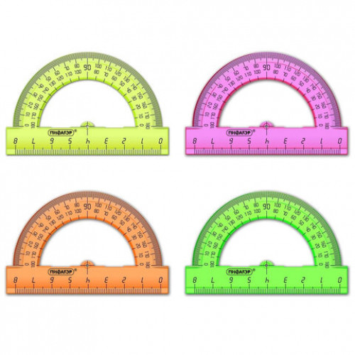 Транспортир 8 см, 180 градусов, ПИФАГОР, прозрачный, неоновый, ассорти, 210792