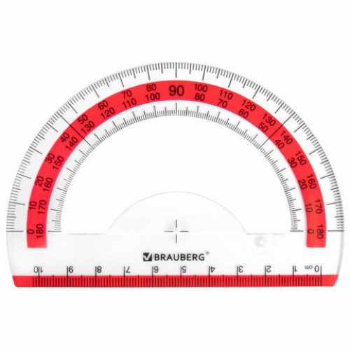 Транспортир 10 см BRAUBERG FRESH ZONE, 180 градусов, пластик, прозрачный, красная шкала, 210760