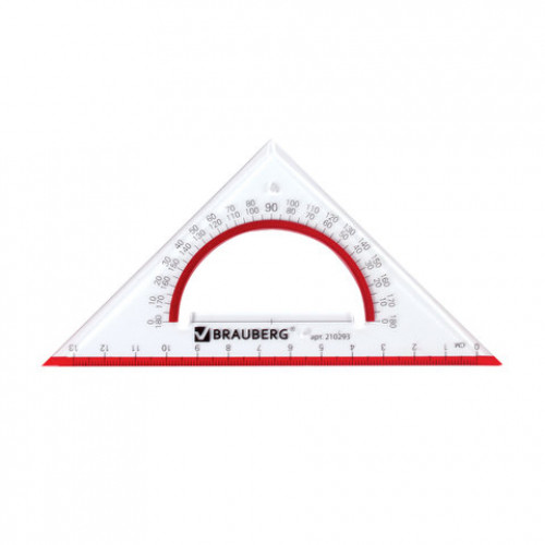 Треугольник пластиковый, угол 45, 13 см, BRAUBERG Crystal, с транспортиром, прозрачный, с выделенной шкалой, 210293