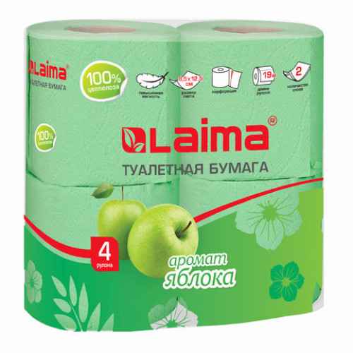 Бумага туалетная бытовая, спайка 4 шт., 2-х слойная, (4х19 м), LAIMA/ЛАЙМА, аромат яблока, 128722