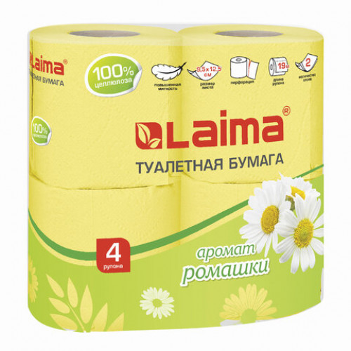 Бумага туалетная бытовая, спайка 4 шт., 2-х слойная, (4х19 м), LAIMA/ЛАЙМА, аромат ромашки, 128720