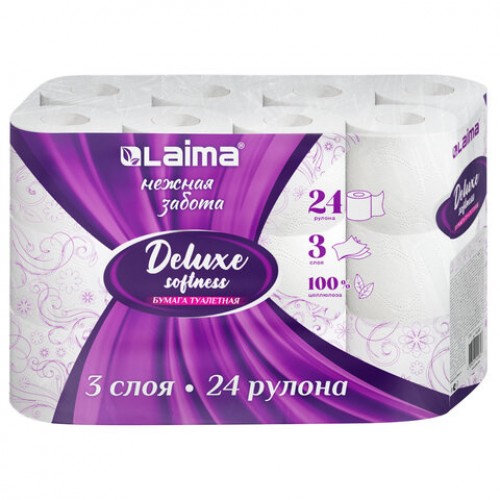 Бумага туалетная 3-х слойная, 24 рулона (24х16,5м.), LAIMA Deluxe, 100% целлюлоза, 115397