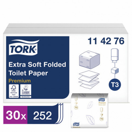 Бумага туалетная TORK (Система Т3), комплект 30 шт., Premium E Soft, листовая, 252 л., 11х19 см, 2-слойная, 114276