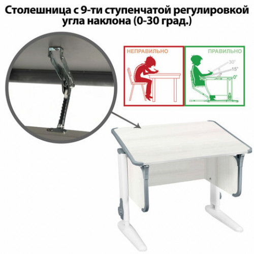 Стол-парта регулируемый ДЭМИ СУТ.41, 750х550х530-815 мм, белый каркас, пластик серый, рамух белый (КОМПЛЕКТ)