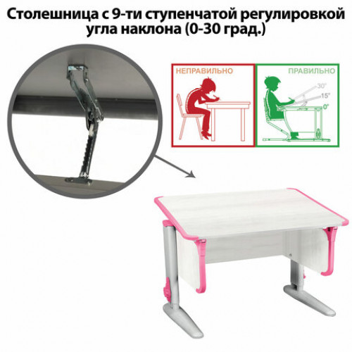 Стол-парта регулируемый ДЭМИ СУТ.43, 1000х550х530-815 мм, серый каркас, пластик розовый, рамух белый (КОМПЛЕКТ)