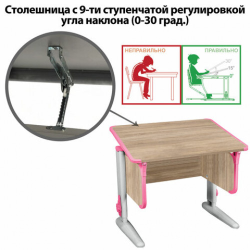 Стол-парта регулируемый ДЭМИ СУТ.41, 750х550х530-815 мм, серый каркас, пластик розовый, дуб сонома (КОМПЛЕКТ)