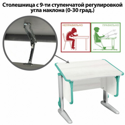 Стол-парта регулируемый ДЭМИ СУТ.41, 750х550х530-815 мм, серый каркас, пластик аквамарин, рамух белый (КОМПЛЕКТ)