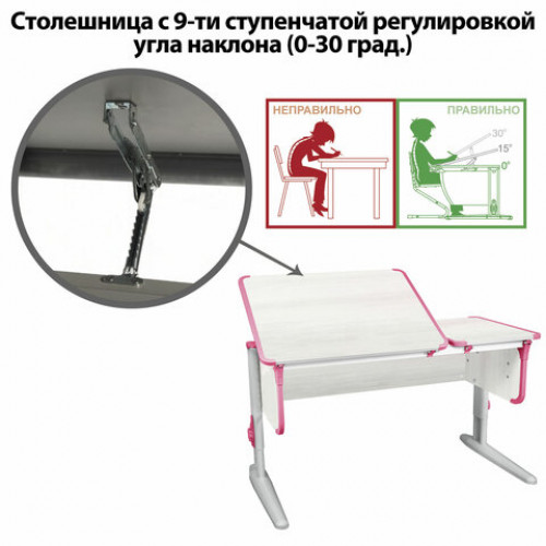 Стол-парта регулируемый ДЭМИ СУТ.42, 1200х550х530-815 мм, серый каркас, пластик розовый, рамух белый (КОМПЛЕКТ)