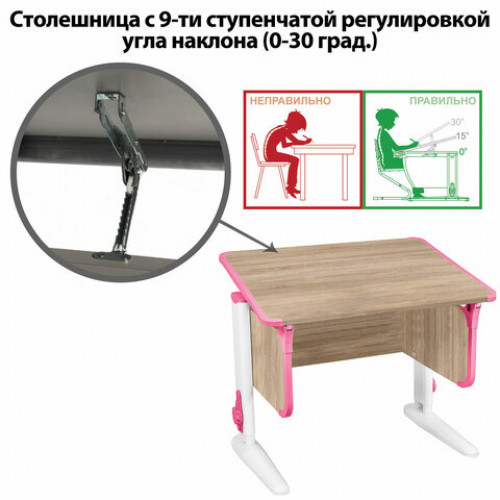 Стол-парта регулируемый ДЭМИ СУТ.41, 750х550х530-815 мм, белый каркас, пластик розовый, дуб сонома (КОМПЛЕКТ)