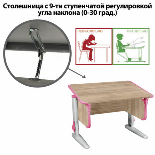 Стол-парта регулируемый ДЭМИ СУТ.43, 1000х550х530-815 мм, серый каркас, пластик розовый, дуб сонома (КОМПЛЕКТ)