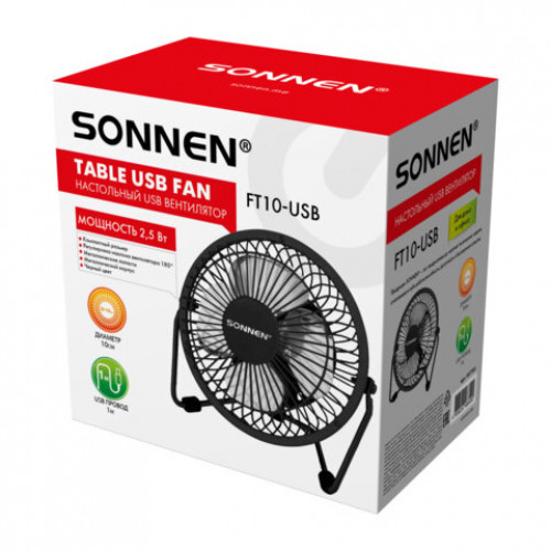 Вентилятор настольный USB SONNEN FT10-USB, 10 см, 2,5 Вт, компактный, металл, черный, наклон 180 градусов, USB-провод 1 м, 457783