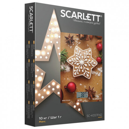 Весы кухонные SCARLETT SC-KS57P42, электронный дисплей, max вес 10кг, тарокомпенсация, стекло