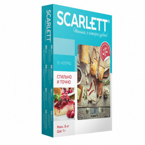 Весы кухонные SCARLETT SC-KS57P62, электронный дисплей, max вес 8кг, тарокомпенсация, стекло