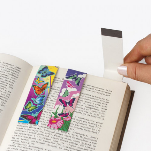 Закладки для книг с магнитом БАБОЧКИ, набор 6 шт., блестки, 25x196 мм, ЮНЛАНДИЯ, 129616