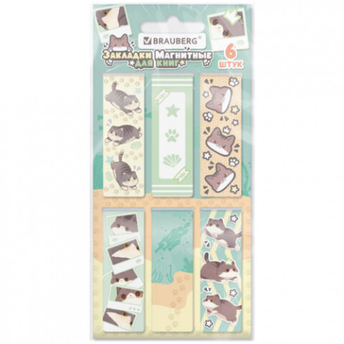 Закладки для книг МАГНИТНЫЕ, BRAUBERG CUTE CATS, набор 6 штук, 60x20 мм, 116985